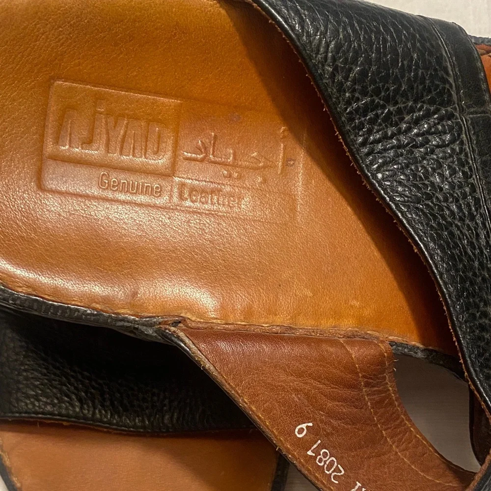 AJYAD  Black Leather Men's Slide Sandals with Tan Footbed and Gold Accents